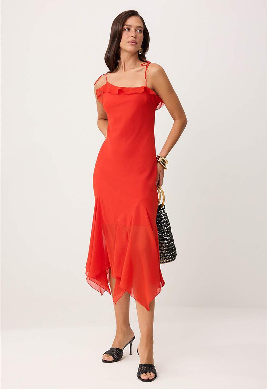 Trendyol - Floral Chiffon Asymmetric Midi Party Dress - Pomegranate Blossom