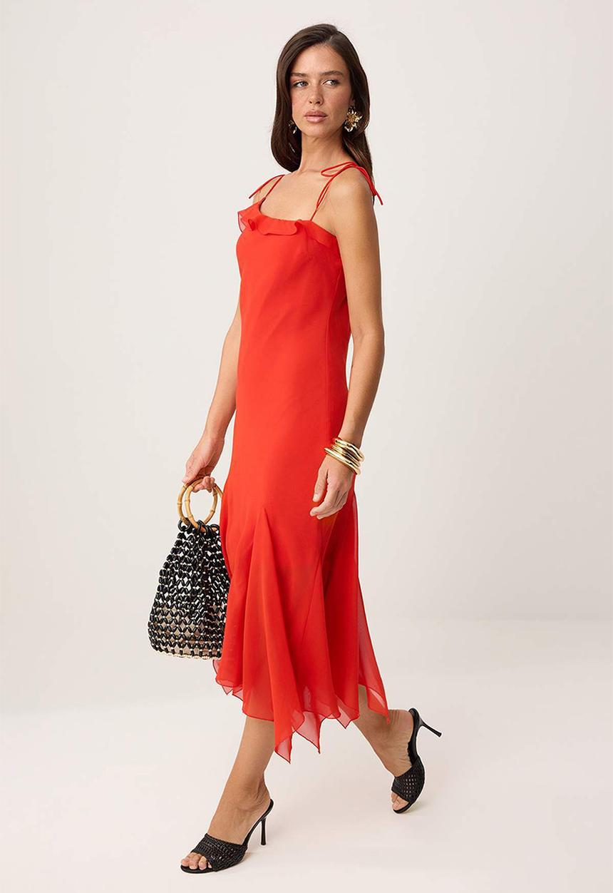 Trendyol - Floral Chiffon Asymmetric Midi Party Dress - Pomegranate Blossom