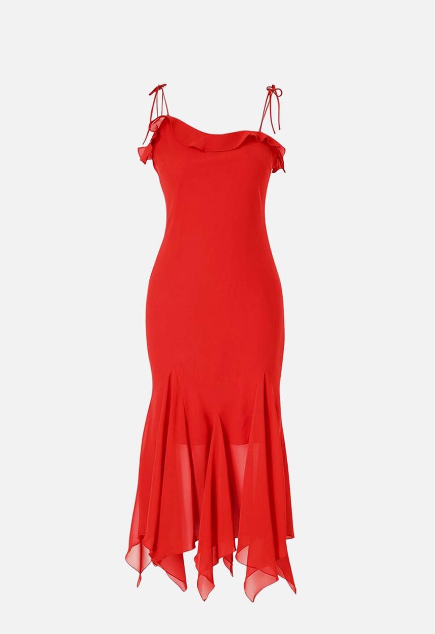 Trendyol - Floral Chiffon Asymmetric Midi Party Dress - Pomegranate Blossom