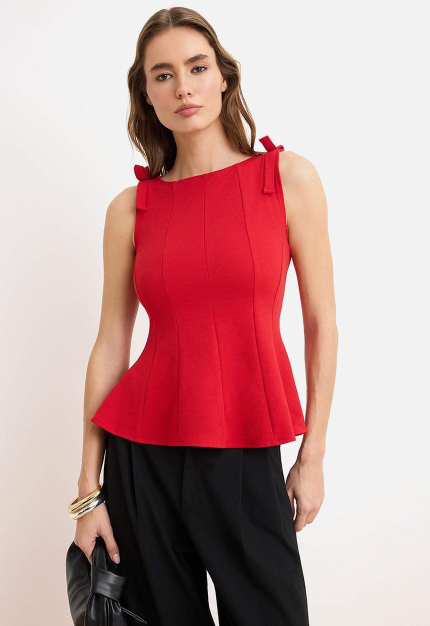 Trendyol - Peplum Blouse with Shoulder Bow Detail - Red