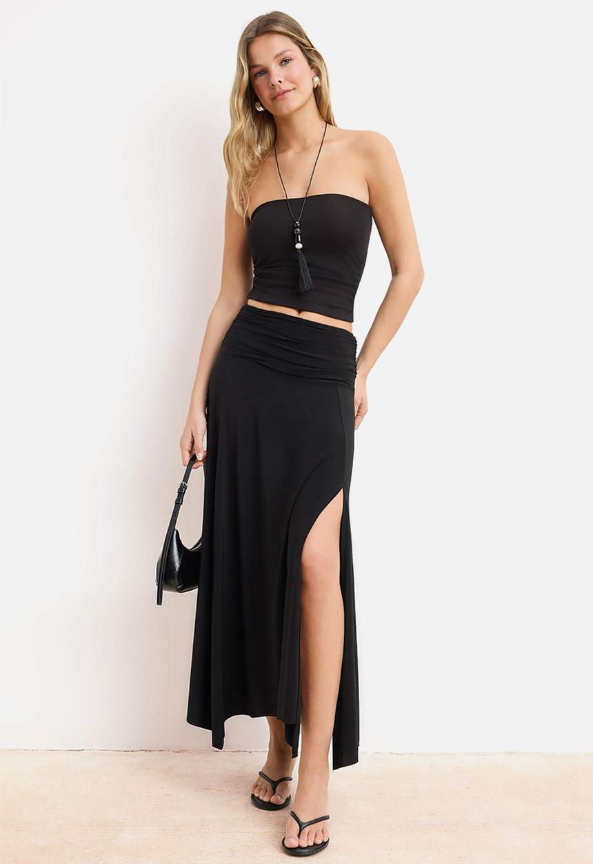 Trendyol - Waist Detail Slit Maxi Knit Skirt - Black