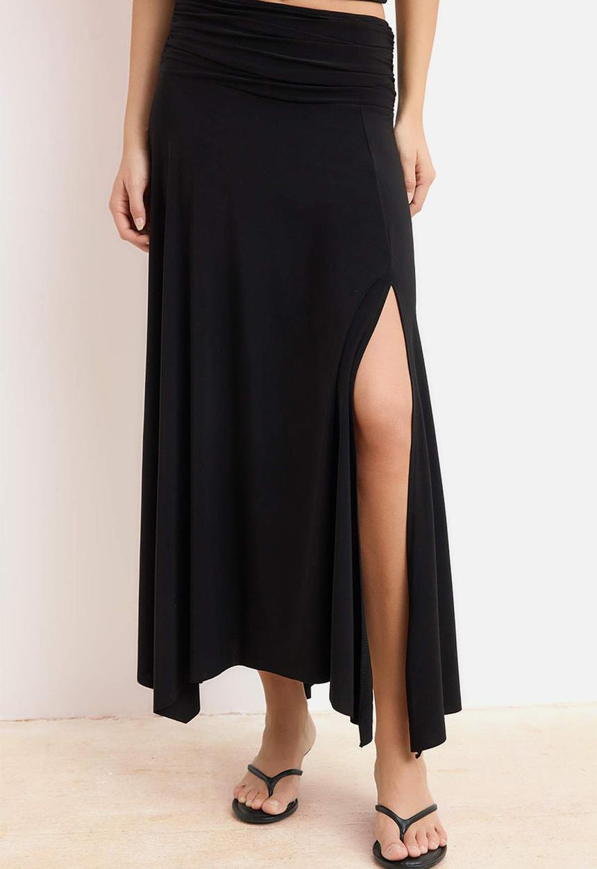 Trendyol - Waist Detail Slit Maxi Knit Skirt - Black