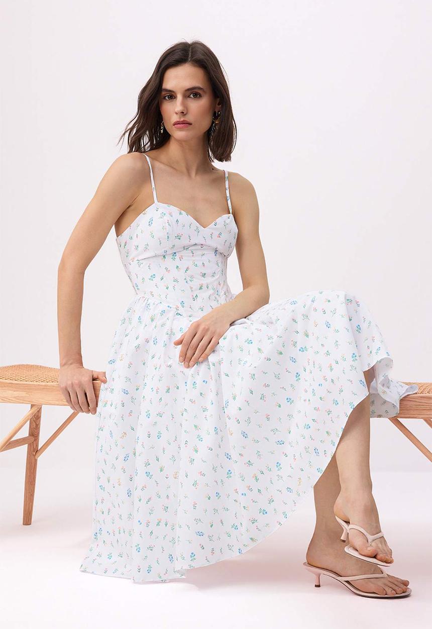 Trendyol - Floral Corset Detail Midi Dress - Multicolour