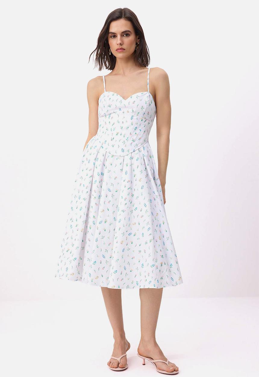 Trendyol - Floral Corset Detail Midi Dress - Multicolour