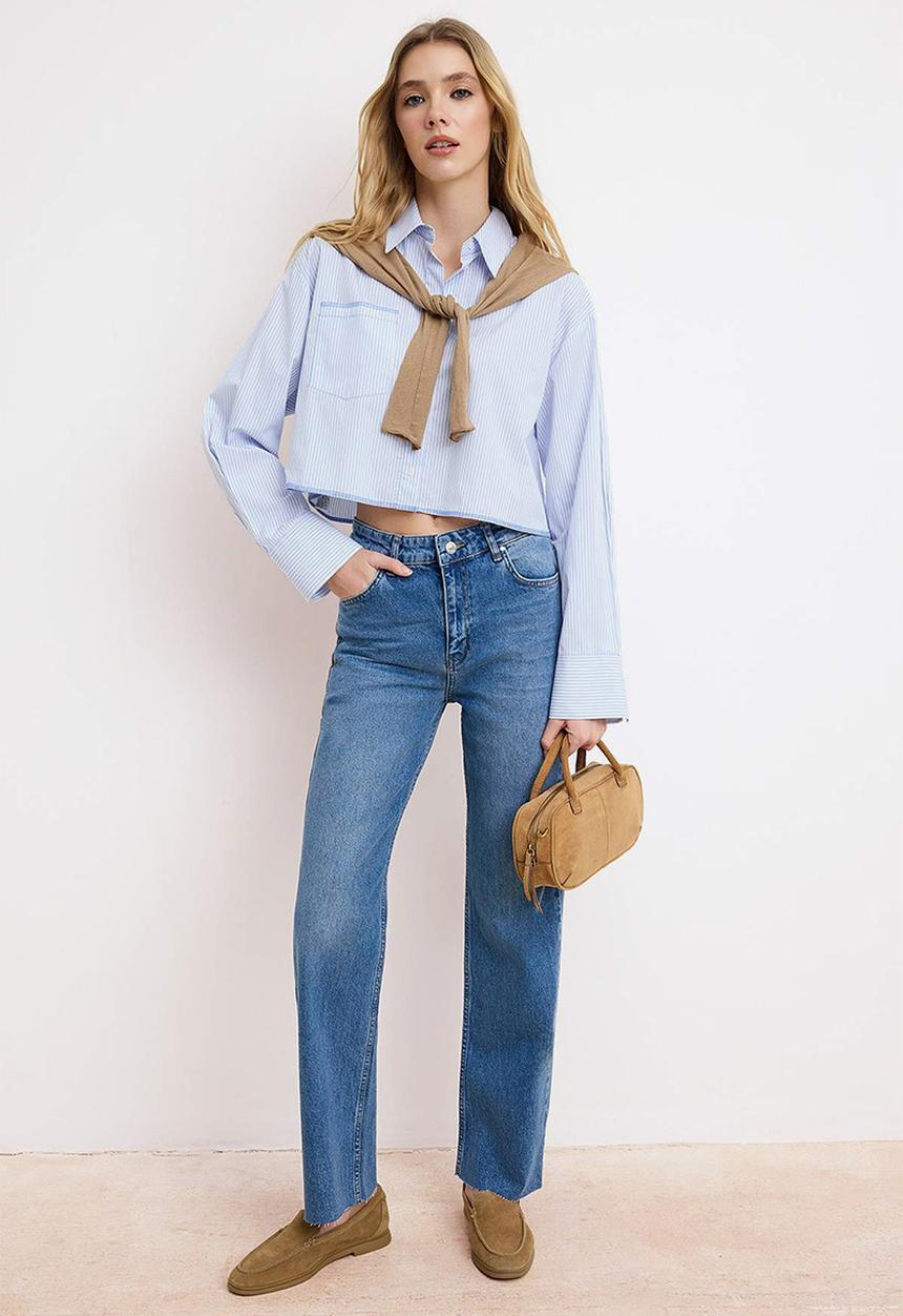 Trendyol - Cut-Leg High-Waist Straight Jeans - Blue