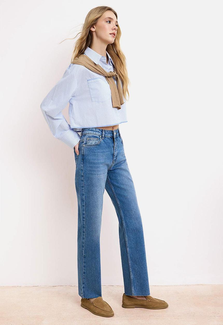 Trendyol - Cut-Leg High-Waist Straight Jeans - Blue