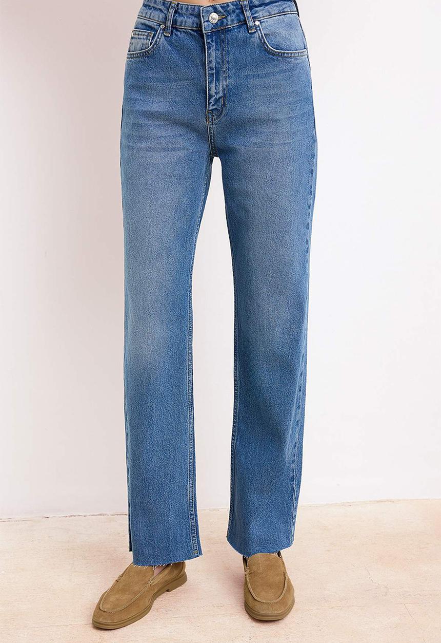 Trendyol - Cut-Leg High-Waist Straight Jeans - Blue