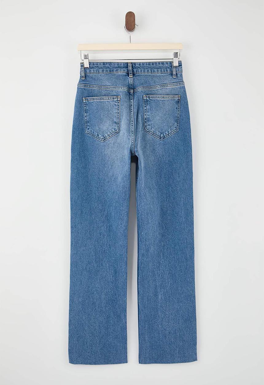 Trendyol - Cut-Leg High-Waist Straight Jeans - Blue