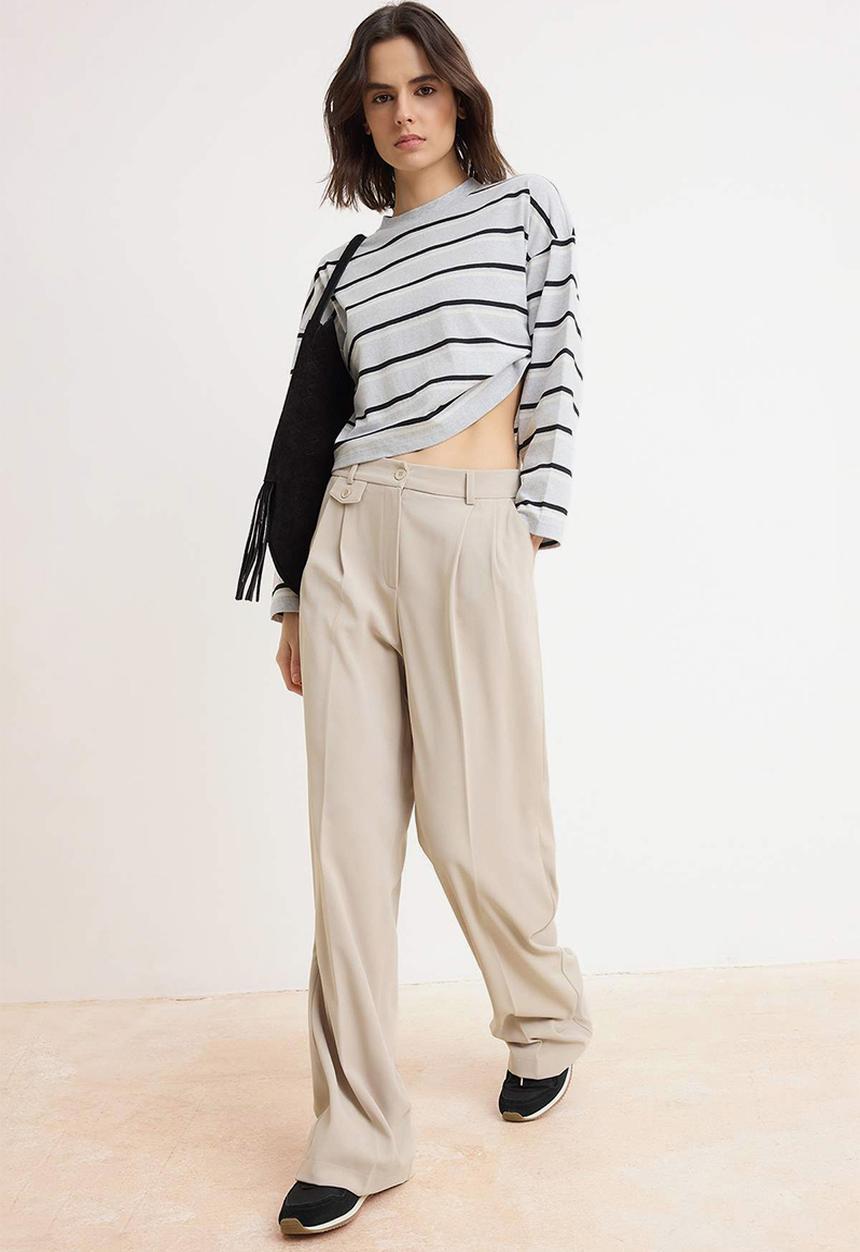 Trendyol - Special Collection Draped Wide-Leg Trousers - Beige