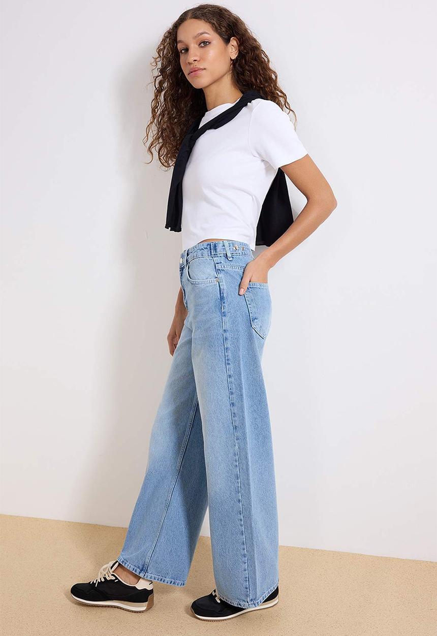 Trendyol - Adjustable Waist High-Waist Wide-Leg Jeans - Blue