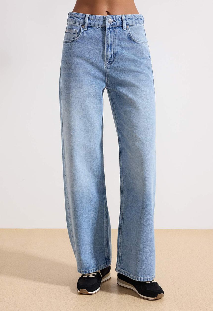 Trendyol - Adjustable Waist High-Waist Wide-Leg Jeans - Blue