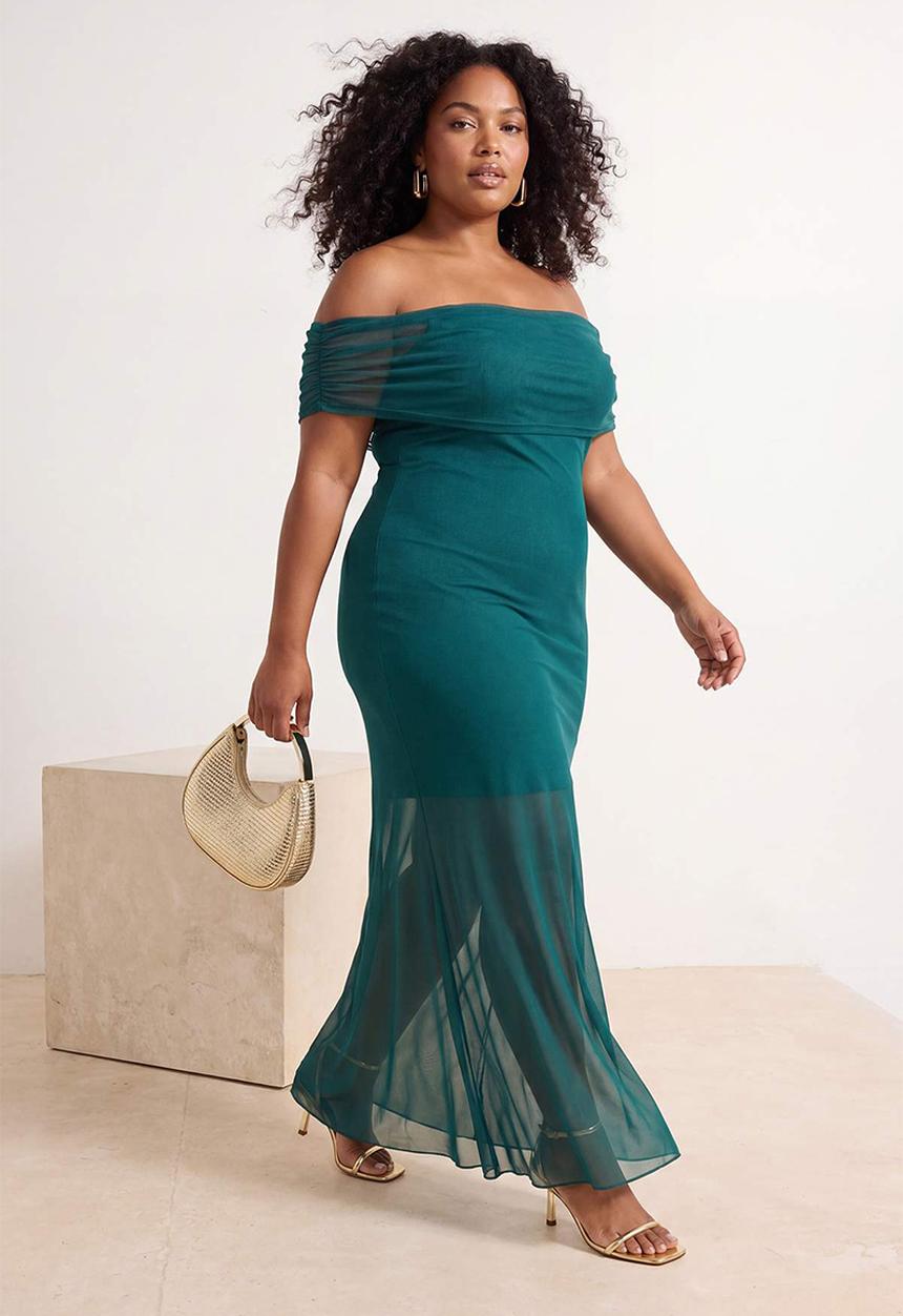 Trendyol - Plus carmen collar tulle knitted dress - emerald green