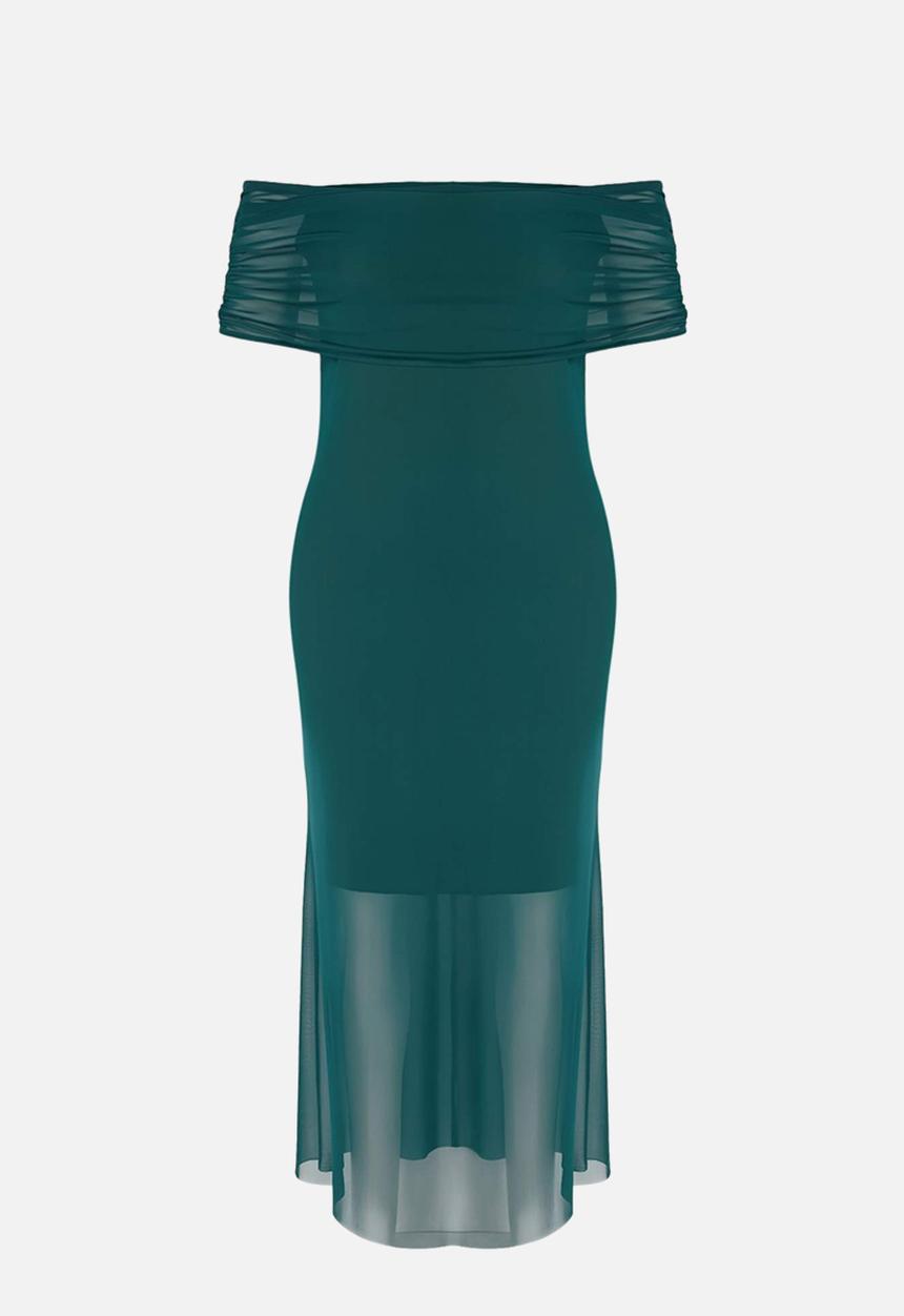Trendyol - Plus carmen collar tulle knitted dress - emerald green