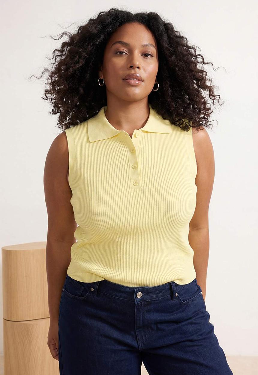 Trendyol - Plus polo neck ribbed knit blouse - yellow