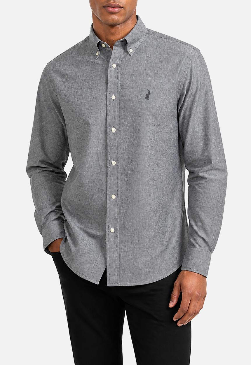 POLO - Mens Long Sleeve Classic Plain Oxford Shirt - Grey