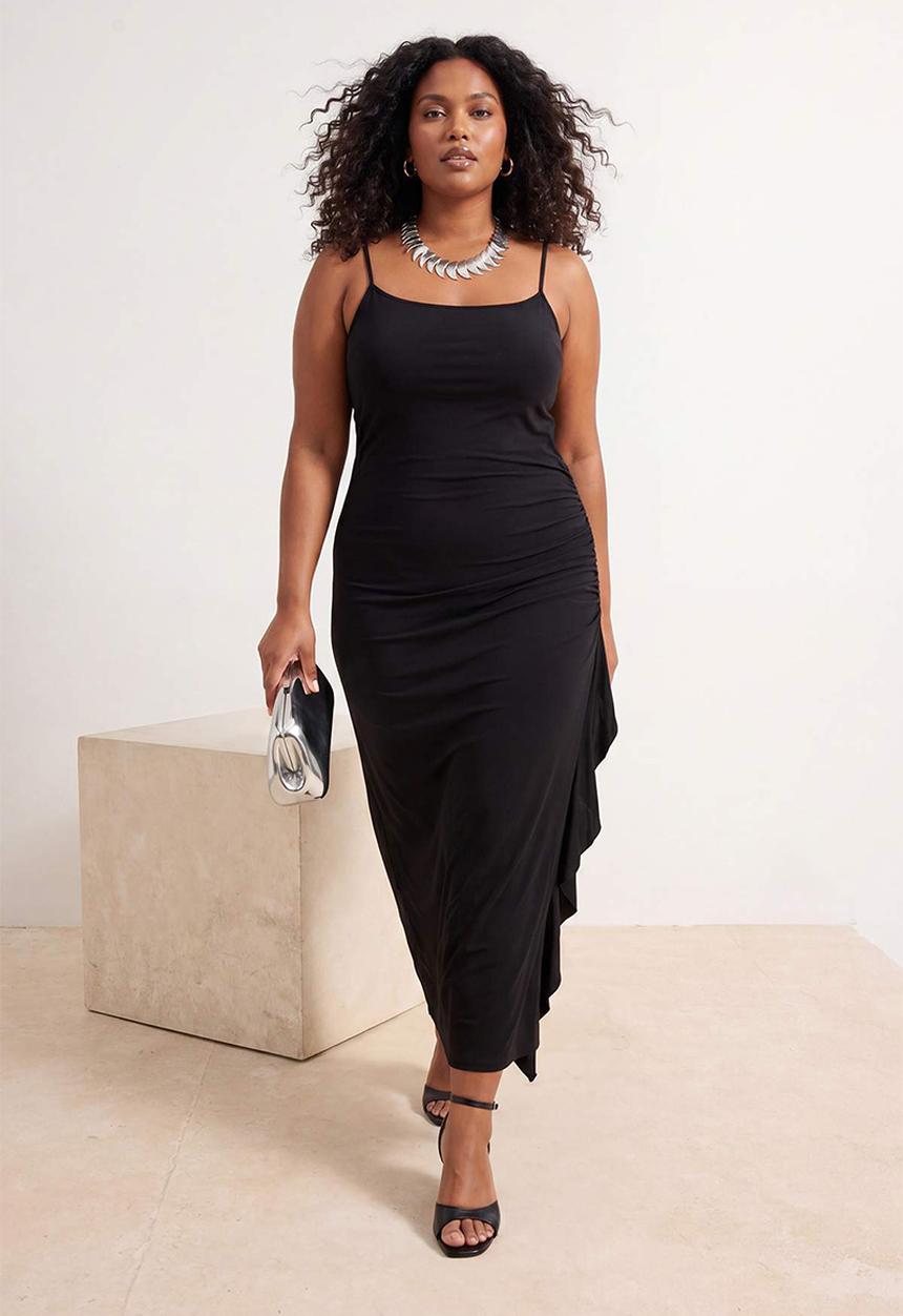 Trendyol - Plus strap bodycon ruffle slit maxi dress - black