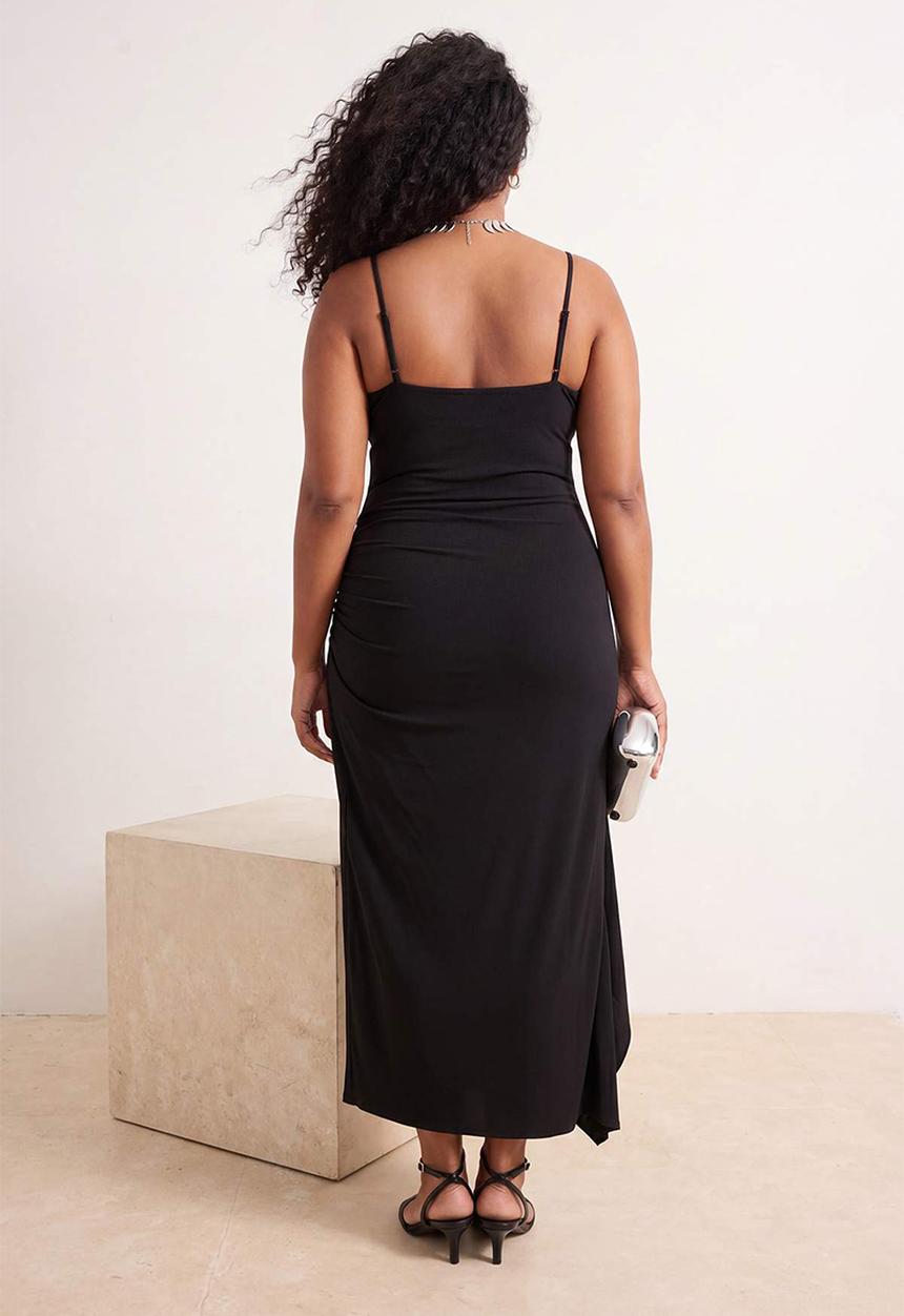 Trendyol - Plus strap bodycon ruffle slit maxi dress - black