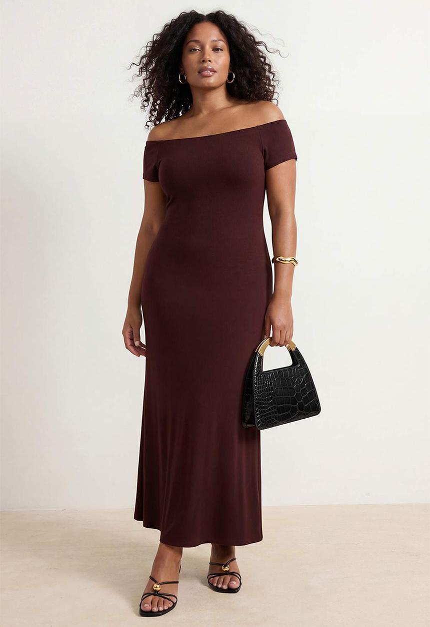 Trendyol - Plus carmen collar stretchy knitted maxi shift dress - brown