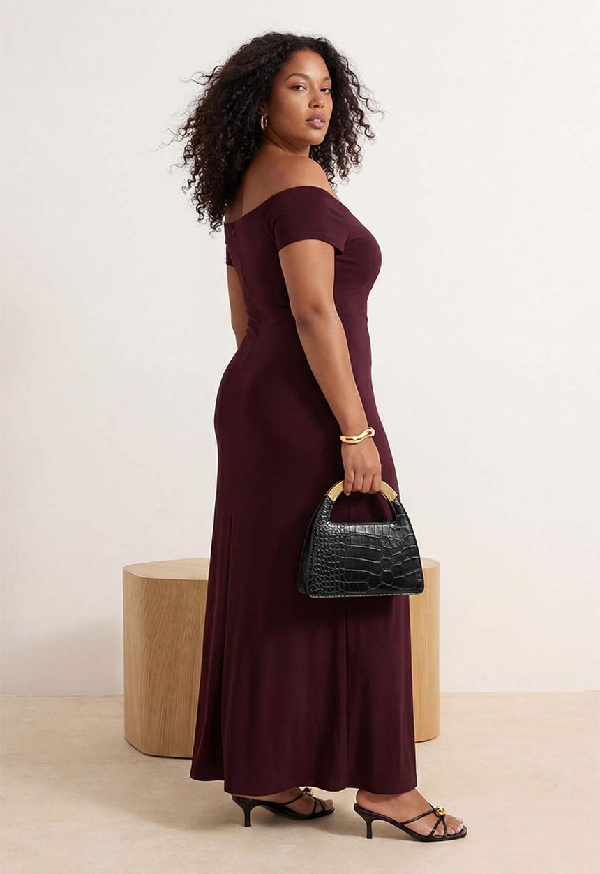 Trendyol - Plus carmen collar stretchy knitted maxi shift dress - brown
