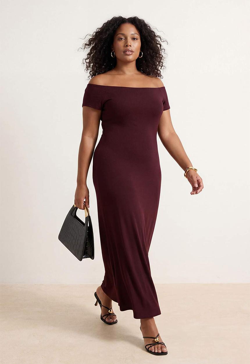Trendyol - Plus carmen collar stretchy knitted maxi shift dress - brown