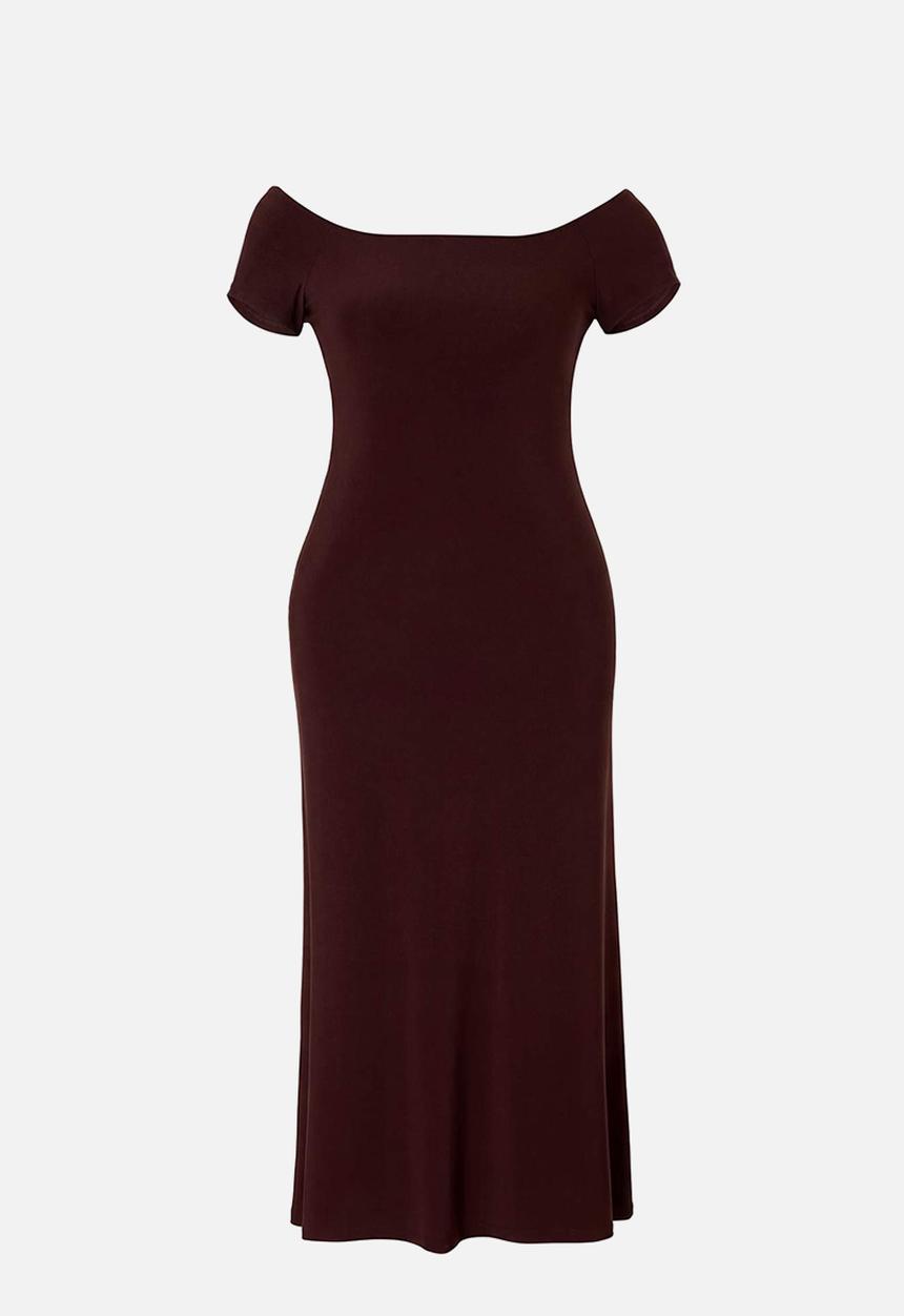 Trendyol - Plus carmen collar stretchy knitted maxi shift dress - brown