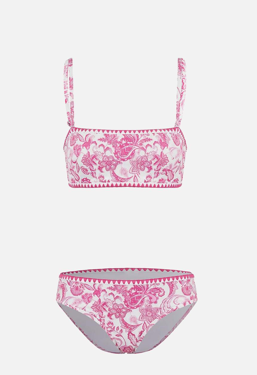 Trendyol - Shawl pattern strapless covered embroidered bikini set - pink-multicolor