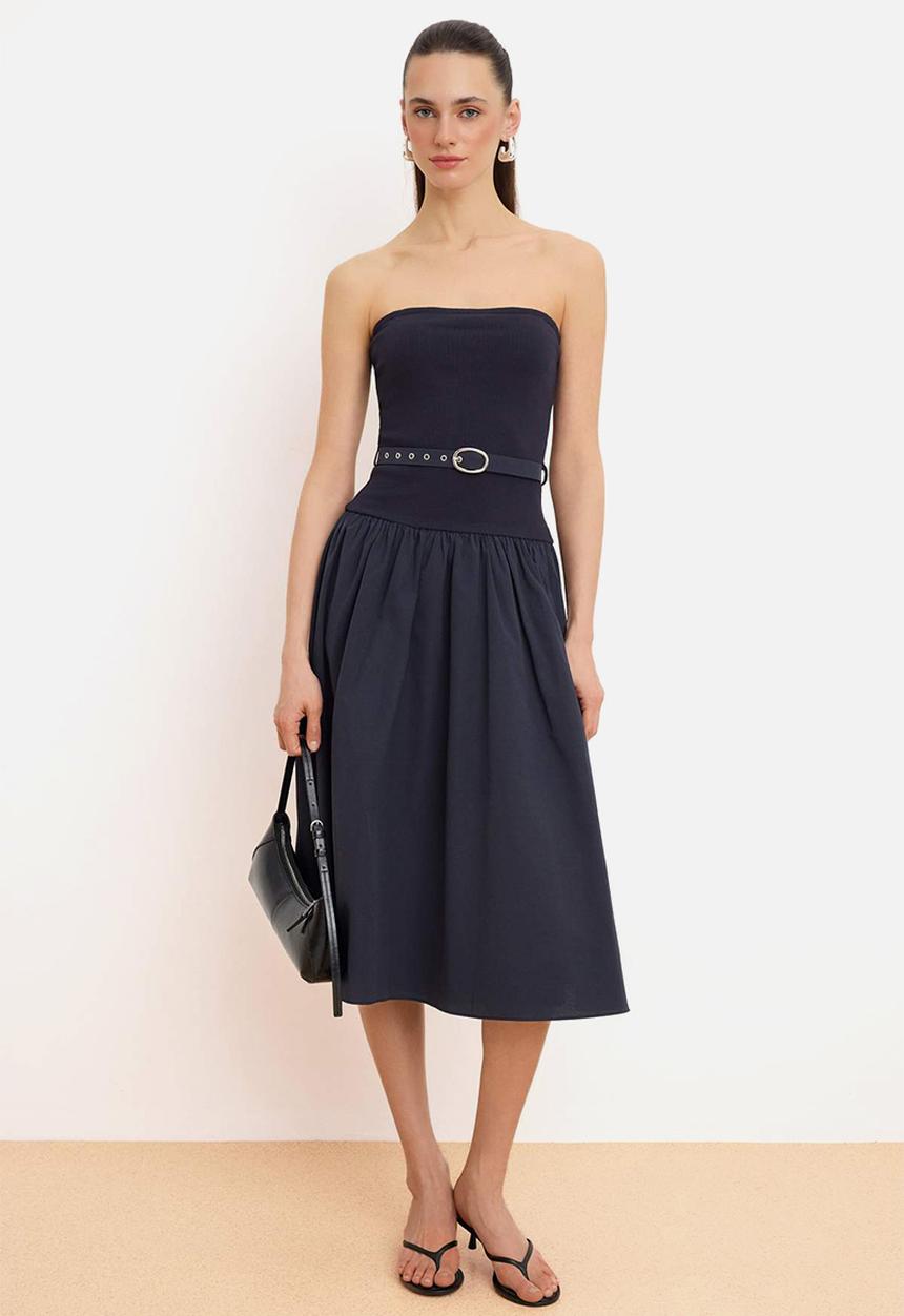 Trendyol - Strapless Waist-Cut Midi Dress - Navy Blue