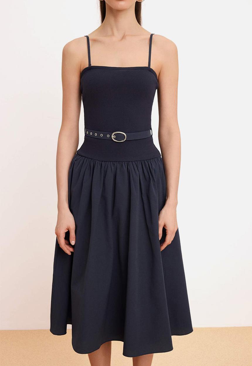 Trendyol - Strapless Waist-Cut Midi Dress - Navy Blue