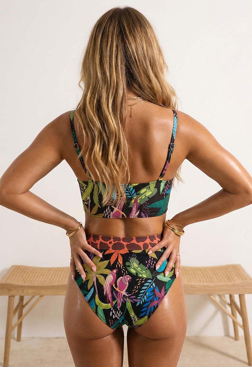 Trendyol - Tropical print triangle covered high waist bikini set - black-multicolor