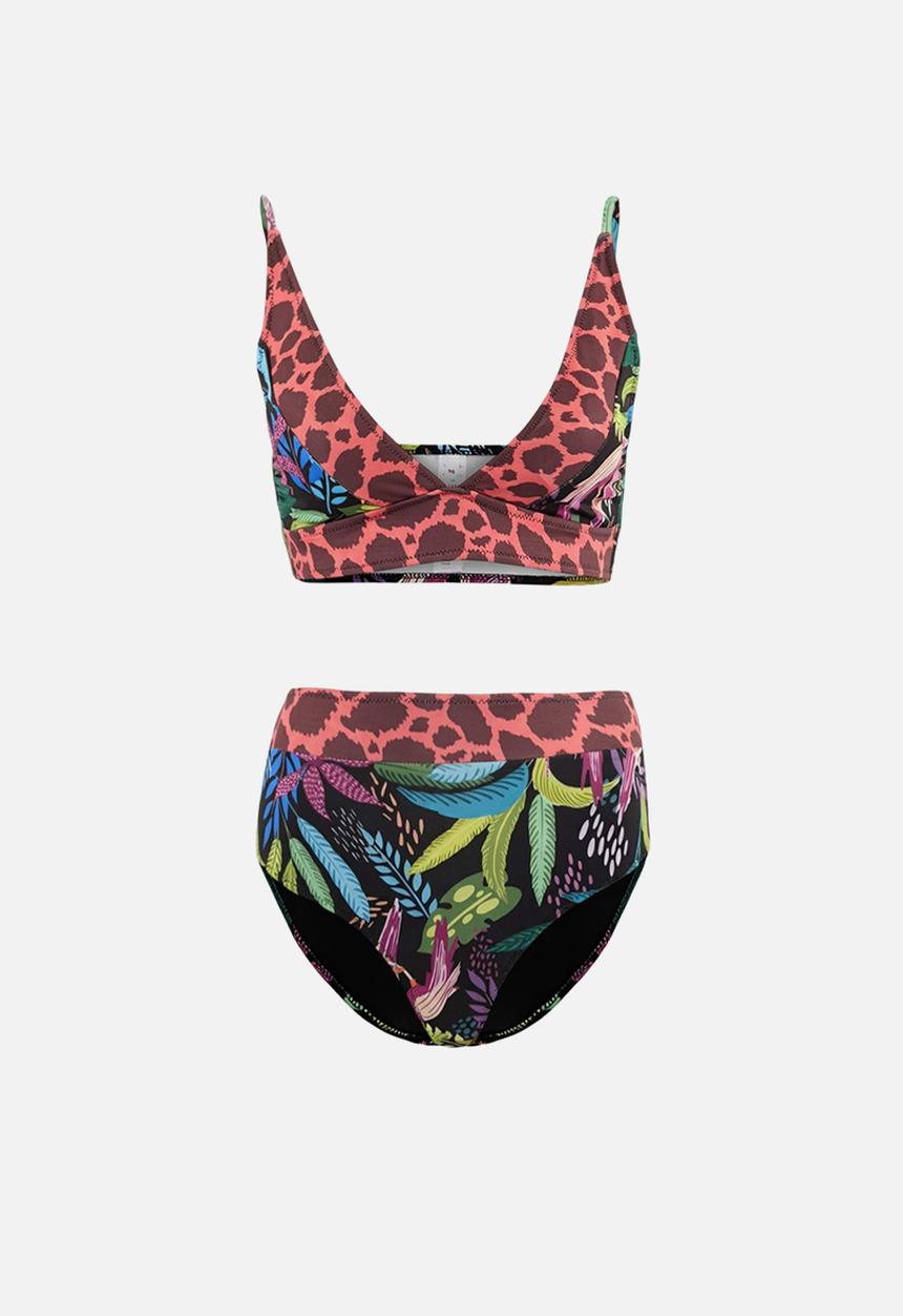Trendyol - Tropical print triangle covered high waist bikini set - black-multicolor