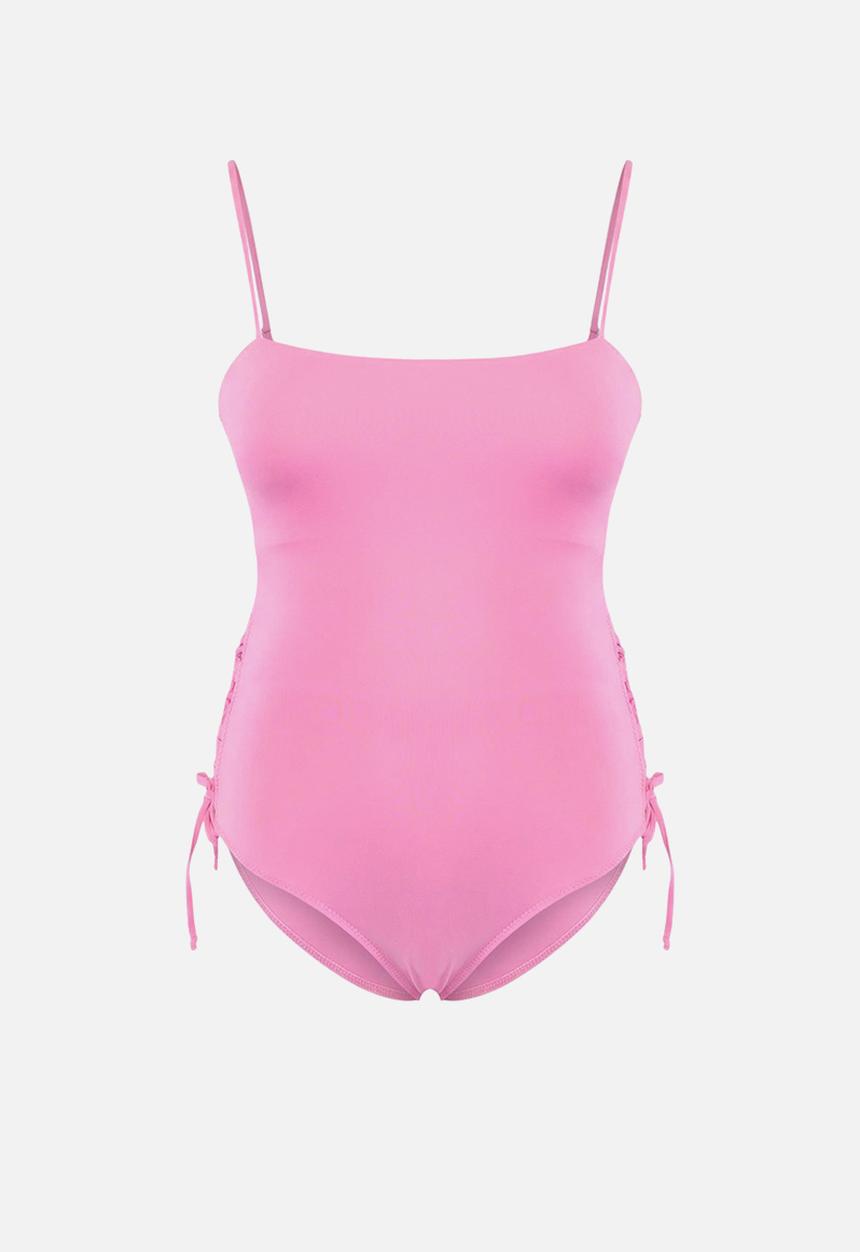 Trendyol - Strapless covered ribbed swimsuit - pink
