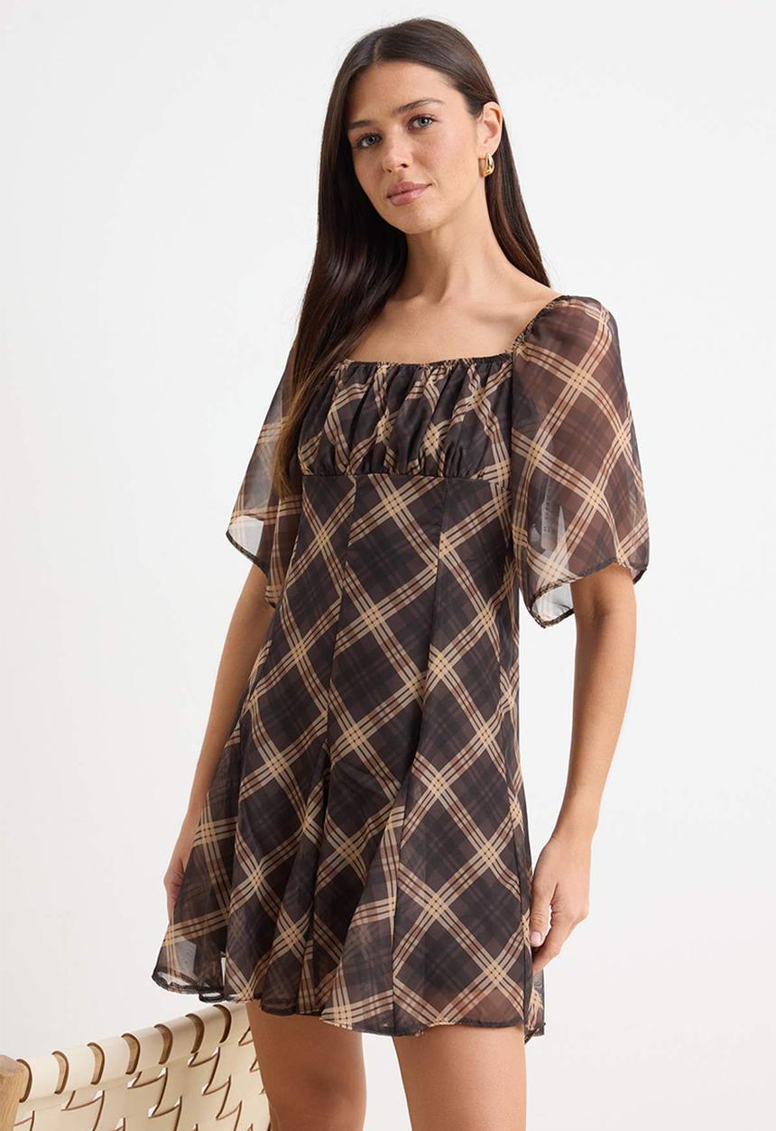 Trendyol - Plaid Handkerchief Mini Chiffon Dress - Brown
