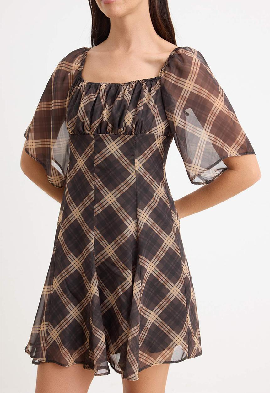Trendyol - Plaid Handkerchief Mini Chiffon Dress - Brown