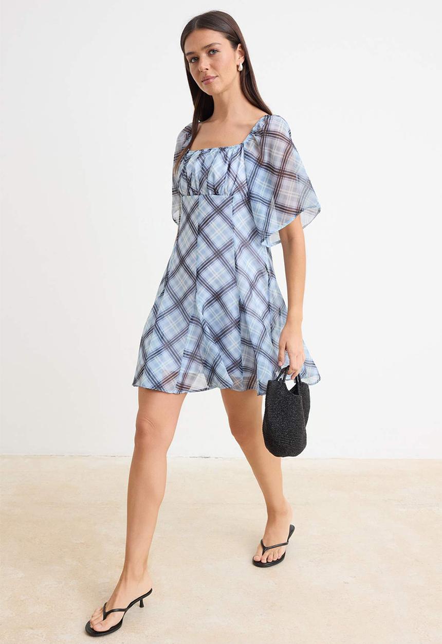 Trendyol - Plaid Handkerchief Mini Chiffon Dress - Blue