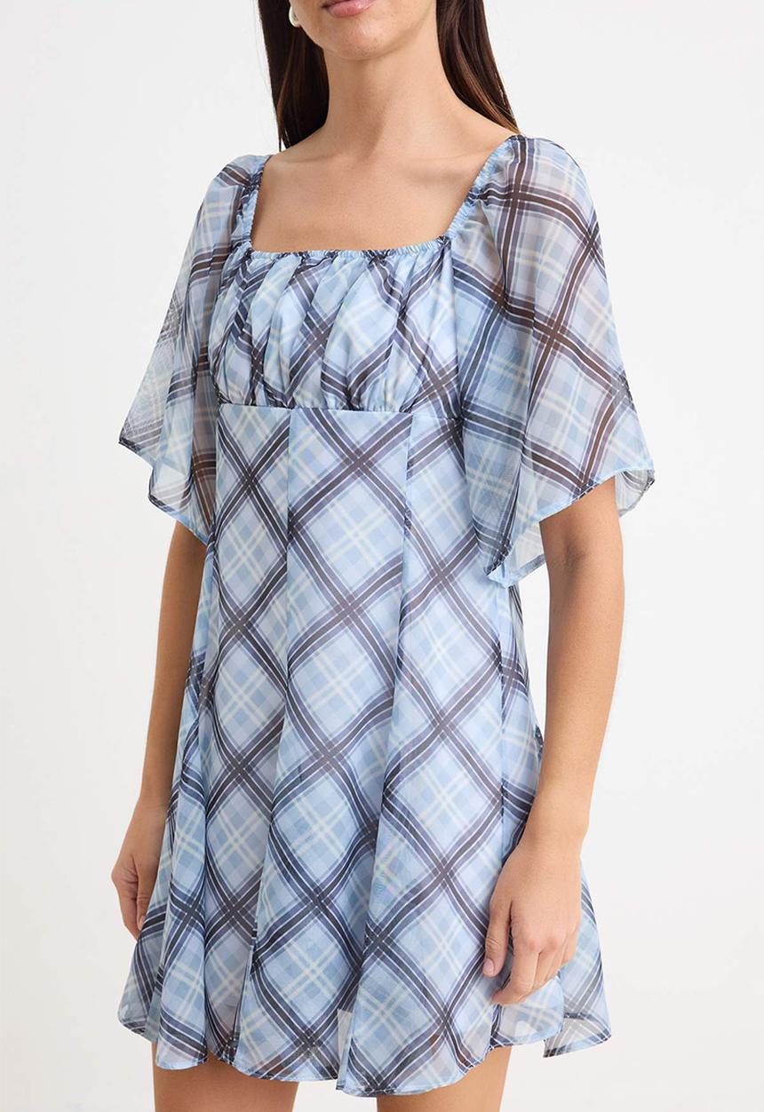 Trendyol - Plaid Handkerchief Mini Chiffon Dress - Blue