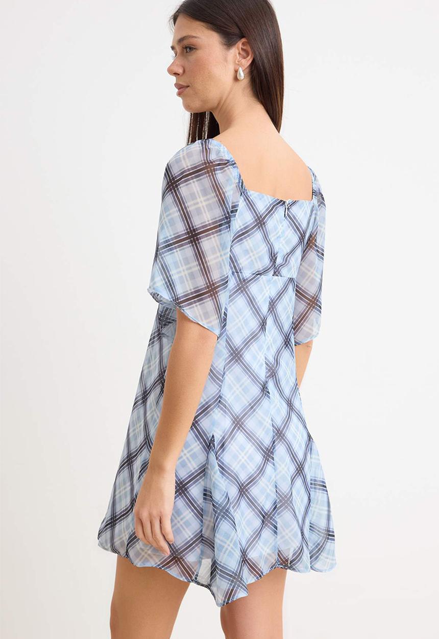 Trendyol - Plaid Handkerchief Mini Chiffon Dress - Blue