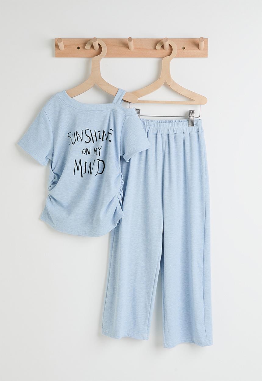 Pop Candy - Melange side ruched top & wide leg pants - blue 