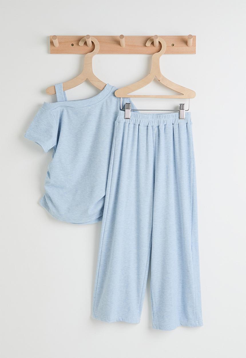Pop Candy - Melange side ruched top & wide leg pants - blue 