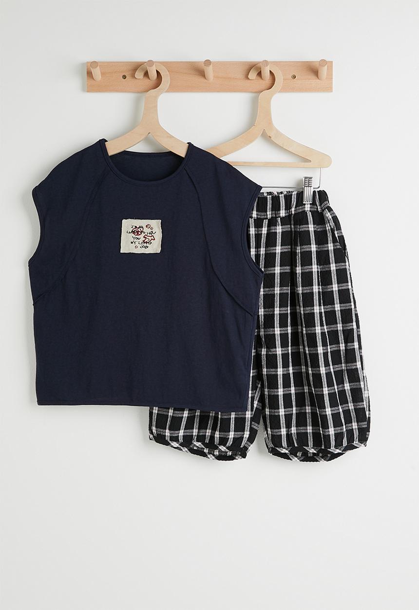 Pop Candy - Sleeveless tee & check wide leg pants - navy/black