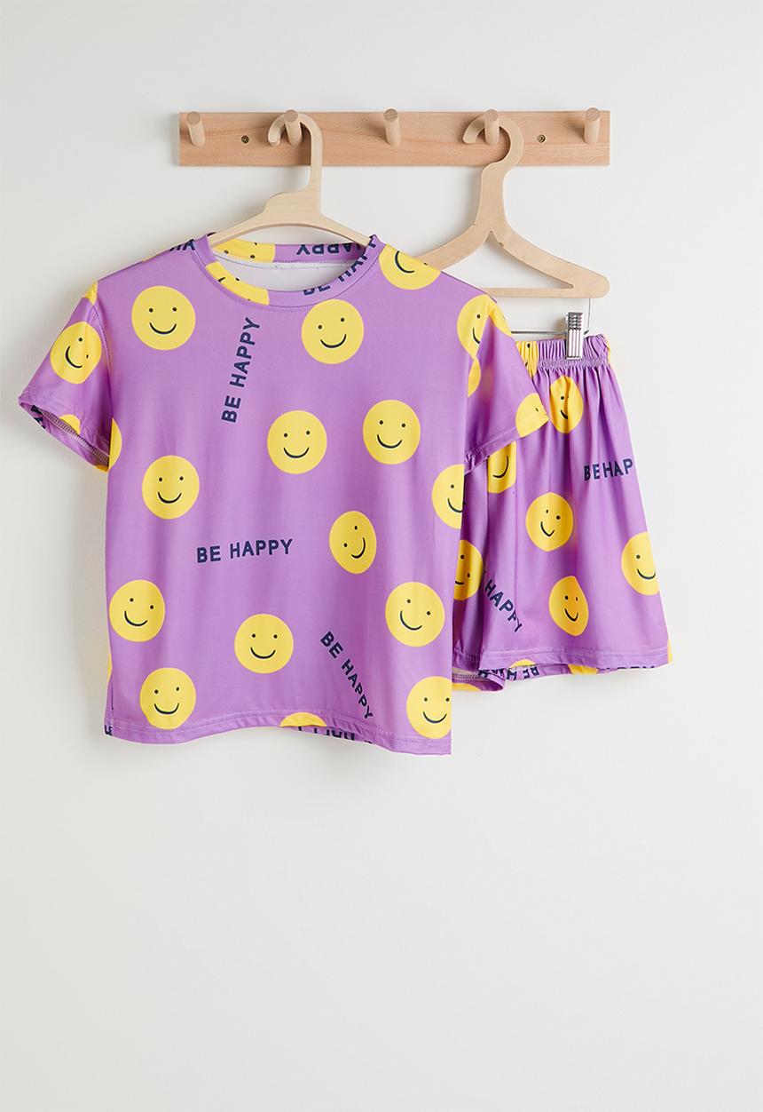 Pop Candy - Smiley face aop dropped shoulder tee & shorts - light purple