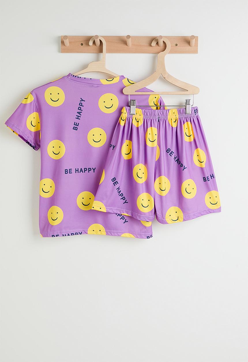 Pop Candy - Smiley face aop dropped shoulder tee & shorts - light purple