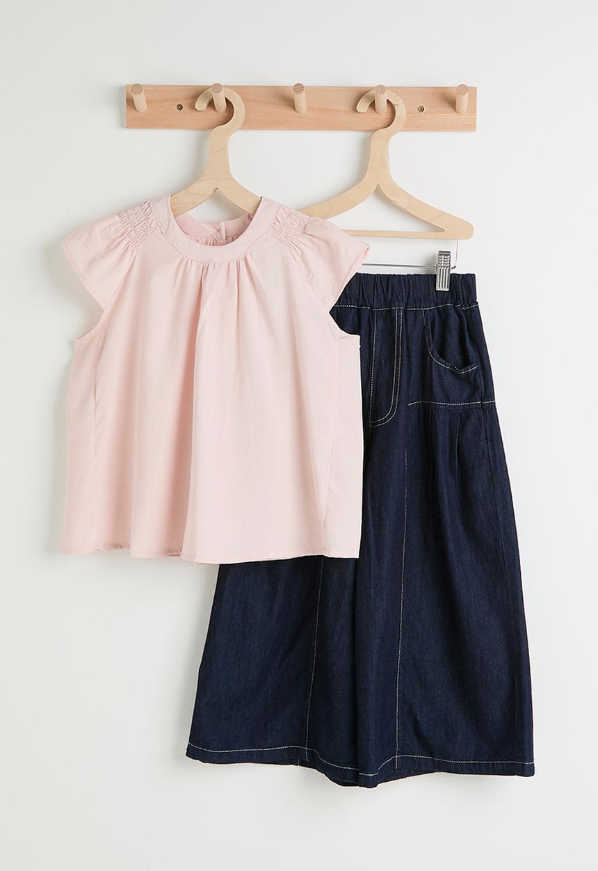 Pop Candy - Ruffle sleeve blouse & denim flared skirt - pink/navy