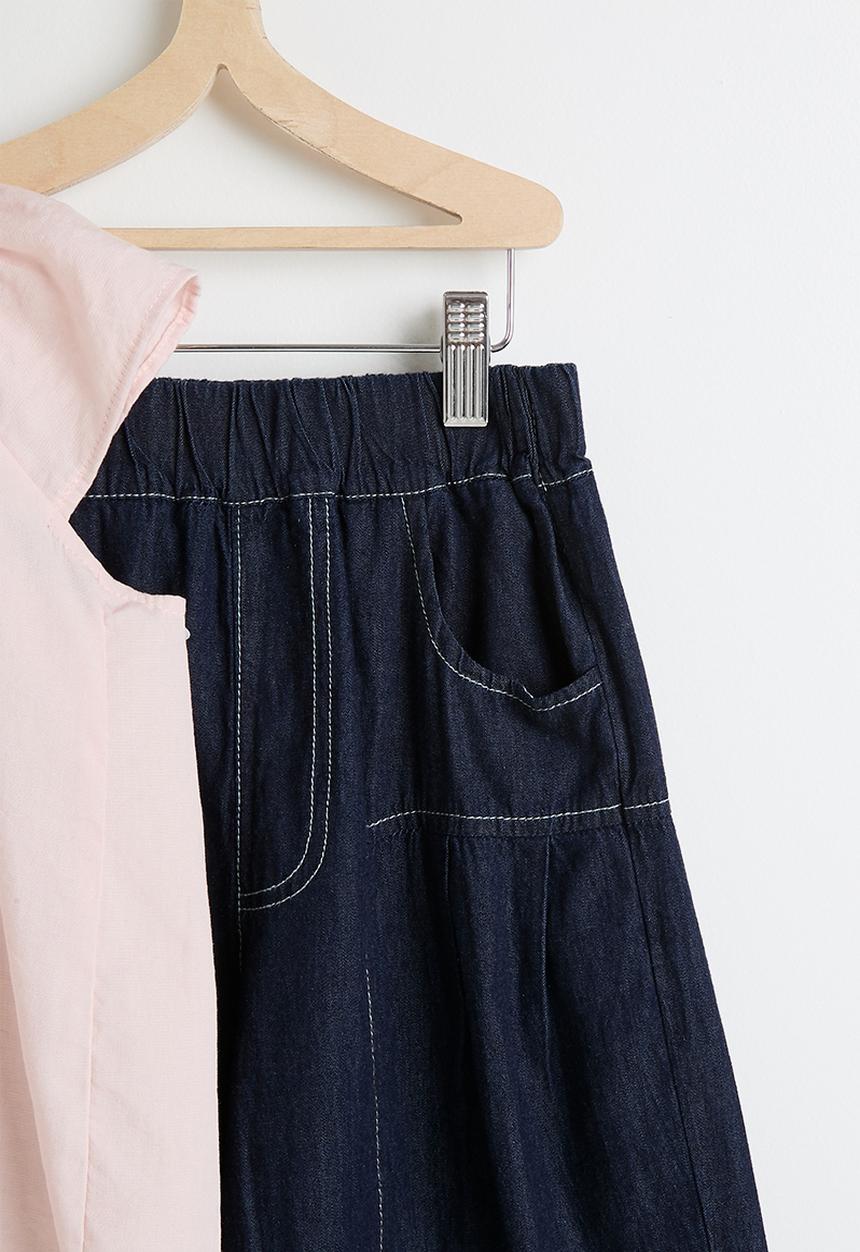Pop Candy - Ruffle sleeve blouse & denim flared skirt - pink/navy