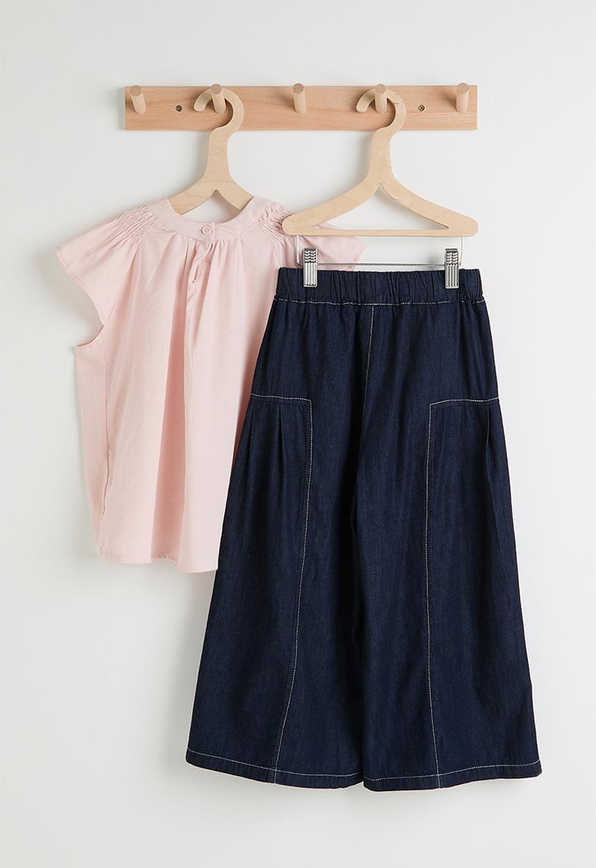 Pop Candy - Ruffle sleeve blouse & denim flared skirt - pink/navy
