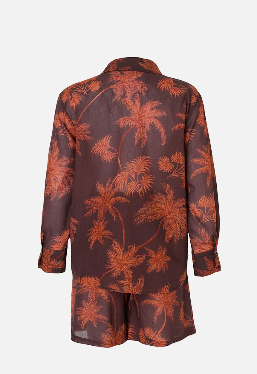 Trendyol - Oversized Cotton Tropical Print Beach Shirt and Shorts Set - Brown-Multicolour