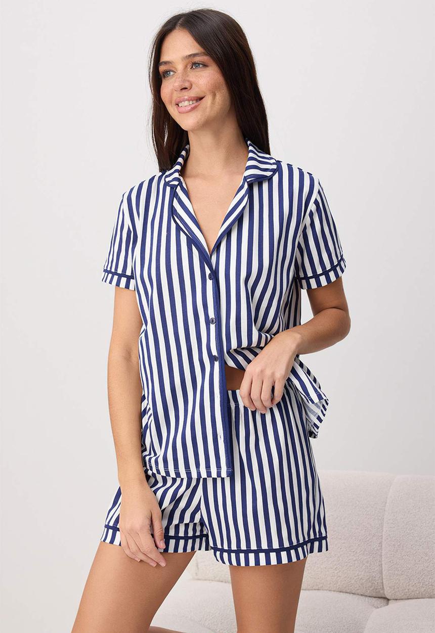 Trendyol - Cotton striped ribbed shorts pajama set - navy blue