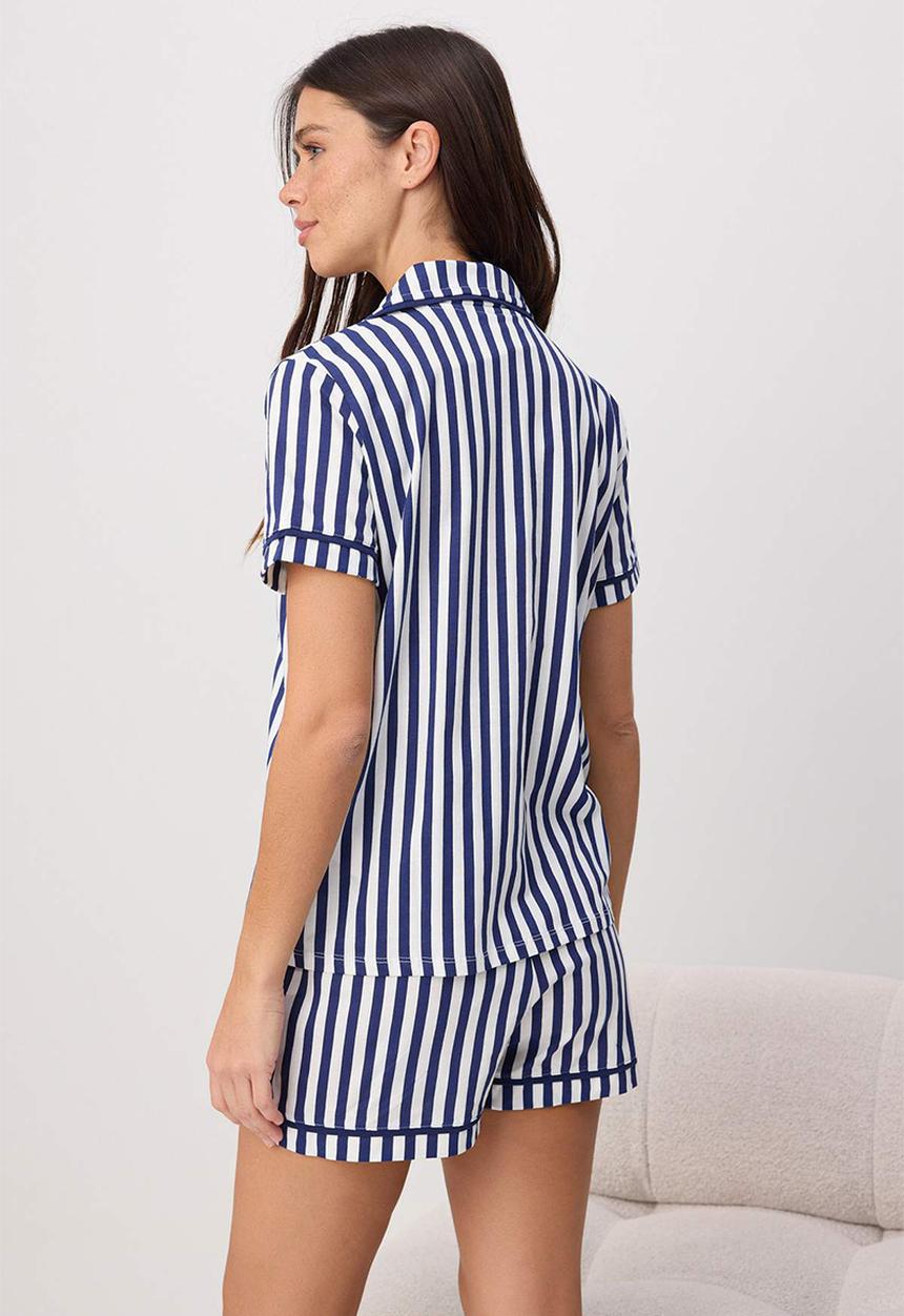 Trendyol - Cotton striped ribbed shorts pajama set - navy blue