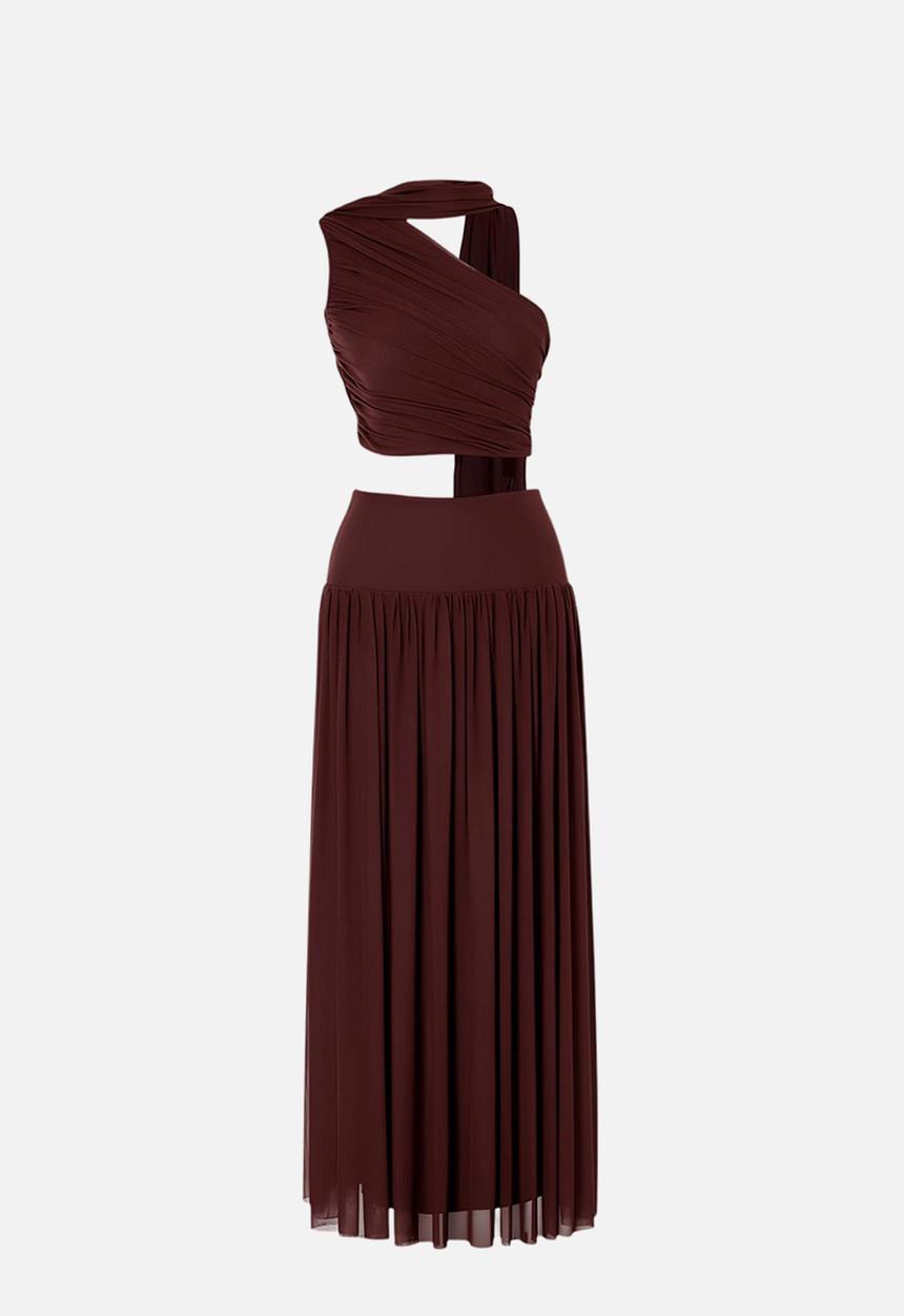 Trendyol - Asymmetric Neckline Tulle Blouse and Skirt Set - Brown