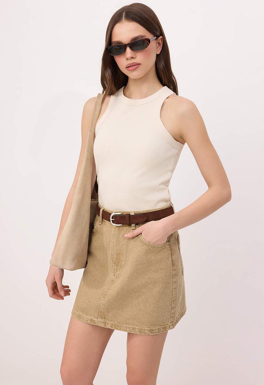 Trendyol - Basic Denim Mini Skirt - Beige