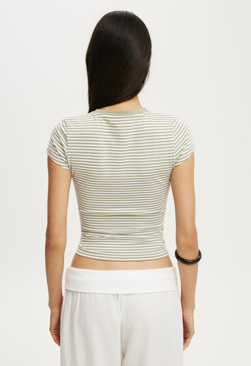 Cotton On - All Day Crew Tee - Madi Stripe Pale Eucalyptus/White